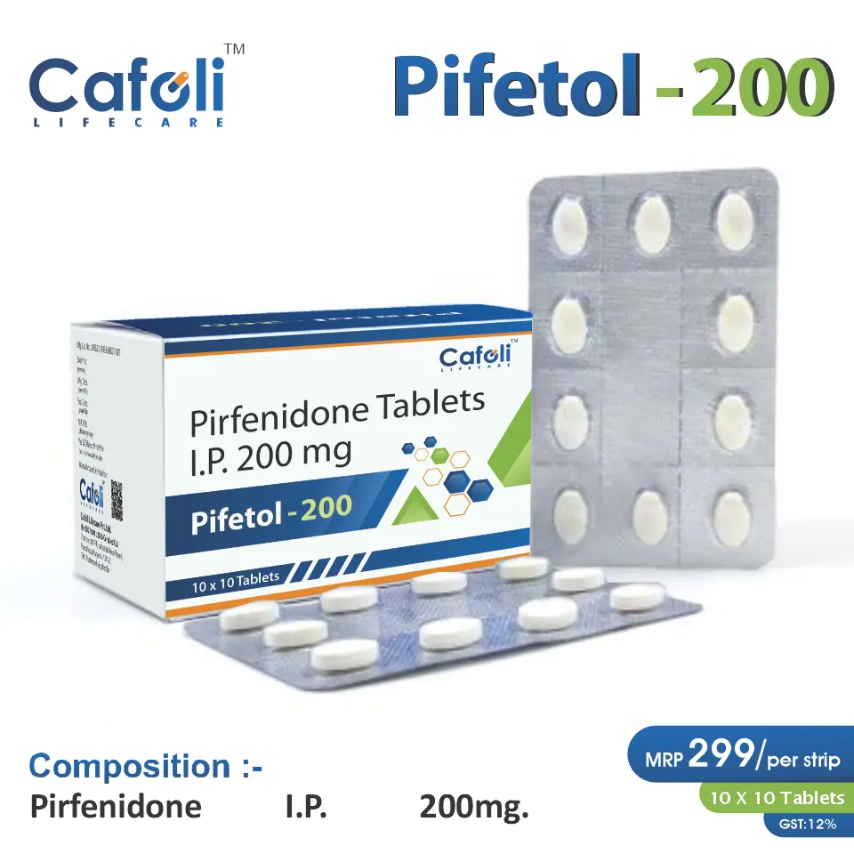 Pirfenidone 200mg at the best price in PCD Pharma Franchise for Antifibrotic and Idiopathic Pulmonary Fibrosis Treatment.